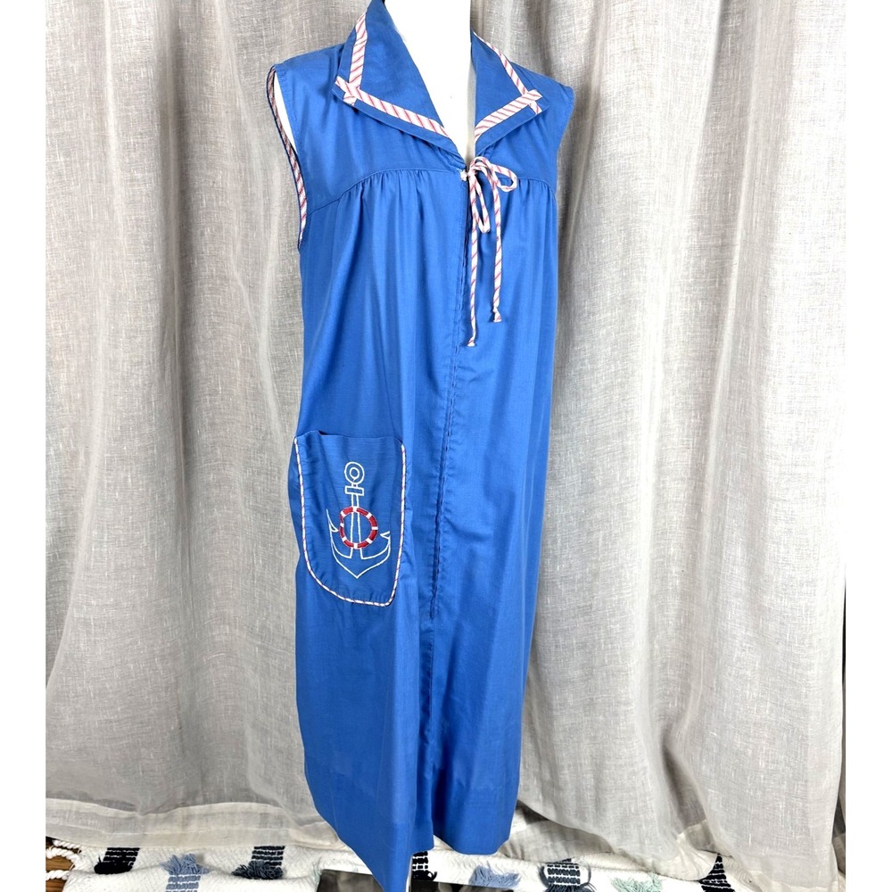 Vintage 60's Blue Sleeveless Zip Front Dress Anchor Nautical Novelty Dress Sz XL